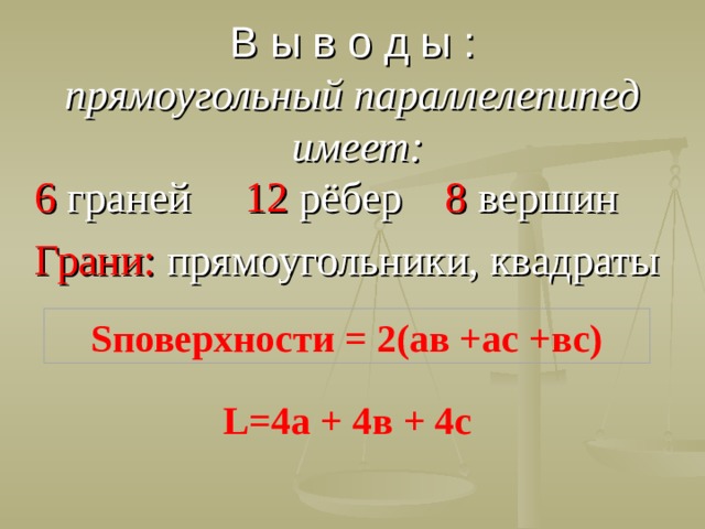  В ы в о д ы :  прямоугольный параллелепипед имеет:   6 граней 12 рёбер 8 вершин Грани: прямоугольники, квадраты S поверхности = 2(ав +ас +вс) L=4 а + 4в + 4с  