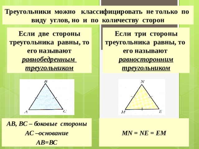 Треугольники можно классифицировать не только по виду углов, но и по количеству сторон Если две стороны треугольника равны, то его называют равнобедренным треугольником Если три стороны треугольника равны, то его называют равносторонним треугольником АВ, ВС – боковые стороны  АС –основание MN = NE = EM АВ=ВС 