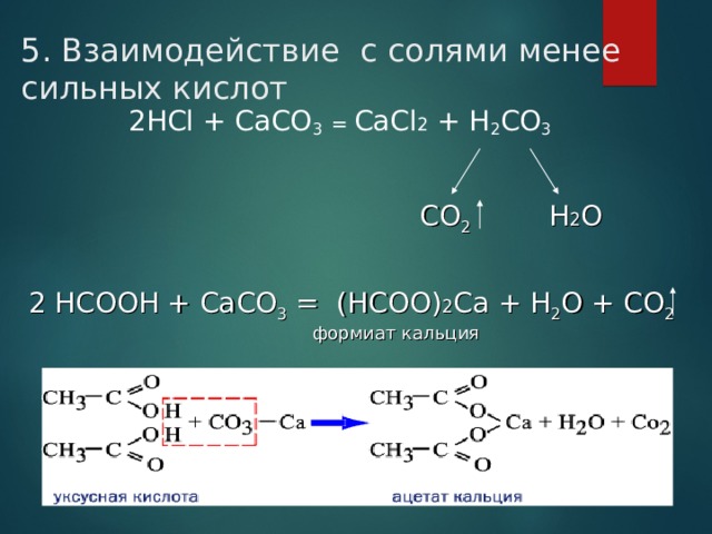 5. Взаимодействие с солями менее сильных кислот   2 НС l + Ca СО 3  = CaCl 2  + H 2 C О 3   СО 2 Н 2 О 2 НСООН + Ca СО 3 = ( НСОО ) 2 Ca + H 2 O + CO 2 формиат кальция 