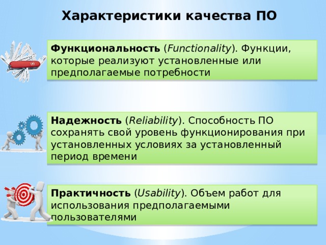 Характеристики качества ПО Функциональность ( Functionality ). Функции, которые реализуют установленные или предполагаемые потребности Надежность ( Reliability ). Способность ПО сохранять свой уровень функционирования при установленных условиях за установленный период времени Практичность ( Usability ). Объем работ для использования предполагаемыми пользователями