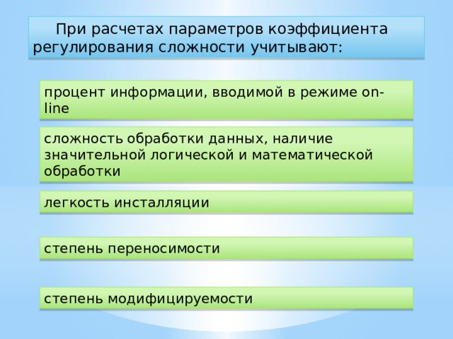 При расчетах параметров коэффициента регулирования сложности учитывают: процент информации, вводимой в режиме on-line сложность обработки данных, наличие значительной логической и математической обработки легкость инсталляции степень переносимости степень модифицируемости