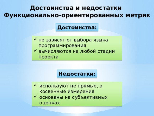 Достоинства и недостатки Функционально-ориентированных метрик Достоинства: не зависят от выбора языка программирования вычисляются на любой стадии проекта Недостатки: используют не прямые, а косвенные измерения основаны на субъективных оценках