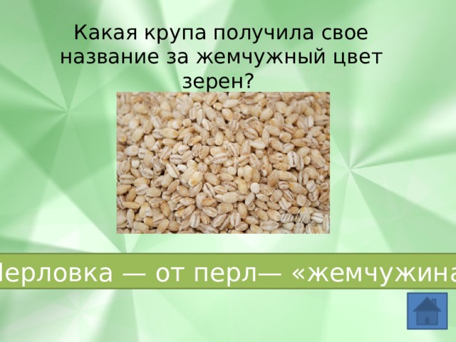 Какая крупа получила свое название за жемчужный цвет зерен?     Перловка — от перл— «жемчужина» 