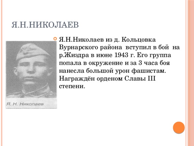 Я.Н.Николаев Я.Н.Николаев из д. Кольцовка Вурнарского района вступил в бой на р.Жиздра в июне 1943 г. Его группа попала в окружение и за 3 часа боя нанесла большой урон фашистам. Награждён орденом Славы III степени. 