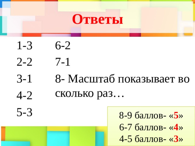 Ответы 6-2 7-1 1-3 2-2 8- Масштаб показывает во сколько раз… 3-1 4-2 5-3 8-9 баллов- « 5 » 6-7 баллов- « 4 » 4-5 баллов- « 3 » 