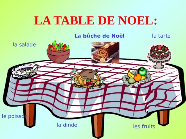 LA TABLE DE NOEL : La bûche de Noël la tarte la salade le poisson la dinde les fruits 