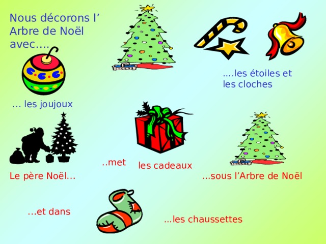 Nous décorons l’ Arbre de No ël avec…. ....les étoiles et les cloches … les joujoux ..met  les cadeaux Le père Noël… ...sous l’Arbre de No ël … et dans ...les chaussette s 