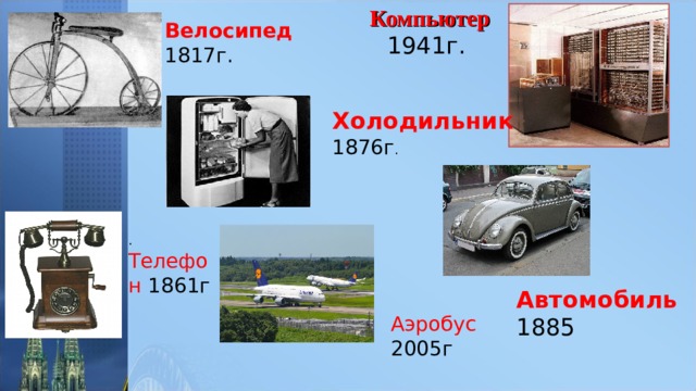 Компьютер 1941г. Велосипед 1817г. Холодильник 1876г . .  Телефон 1861г Автомобиль  1885 Аэробус 2005г 