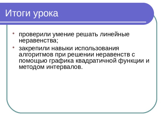 проверили умение решать линейные неравенства; закрепили навыки использования алгоритмов при решении неравенств с помощью графика квадратичной функции и методом интервалов.  