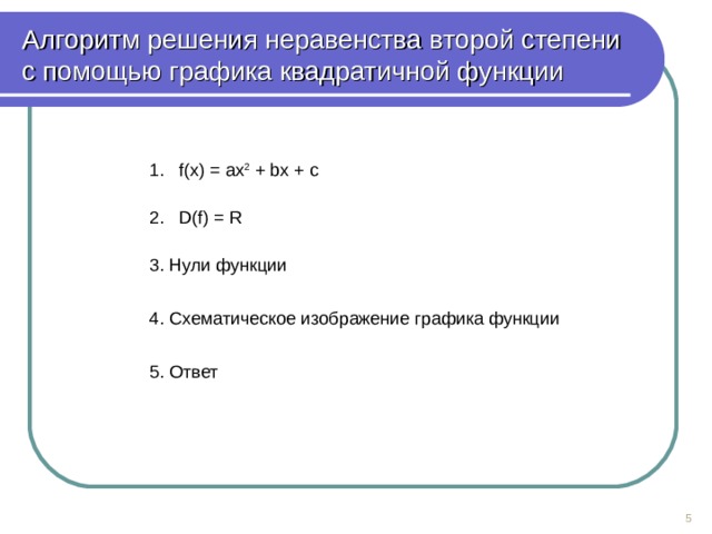 Алгоритм решения неравенства второй степени с помощью графика квадратичной функции 1. f(x) = ах 2 + b х + с 2 . D(f) = R 3 . Нули функции  