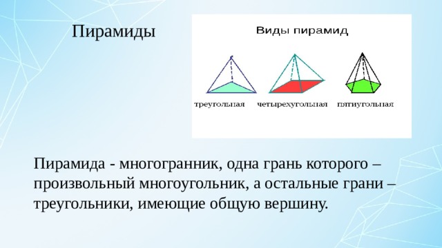 Пирамиды Пирамида - многогранник, одна грань которого – произвольный многоугольник, а остальные грани – треугольники, имеющие общую вершину. 