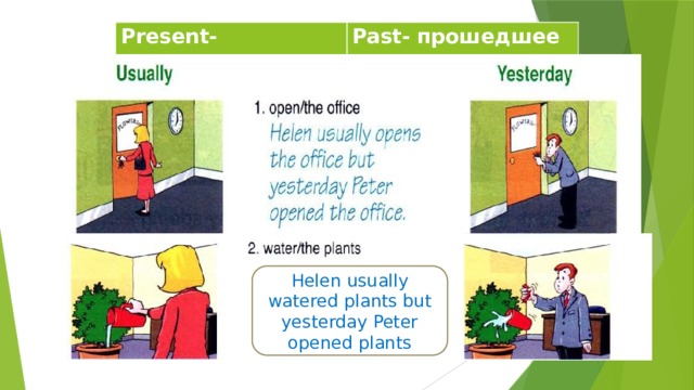 Present- настоящее Past- прошедшее Helen usually watered plants but yesterday Peter opened plants 