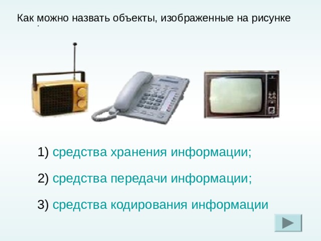 Как можно назвать объекты, изображенные на рисунке .   1) средства хранения информации; 2) средства передачи информации; 3) средства кодирования информации Для определения правильности ответа щелкни по выбранному варианту  