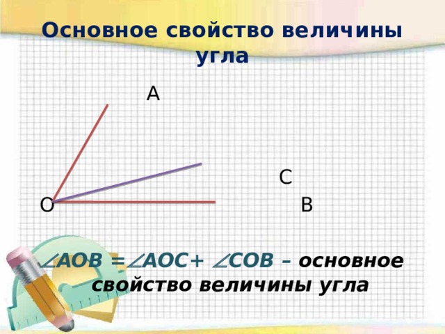 Основное свойство величины угла  A  C  O B  AOB =  AOC+  COB – основное свойство величины угла 