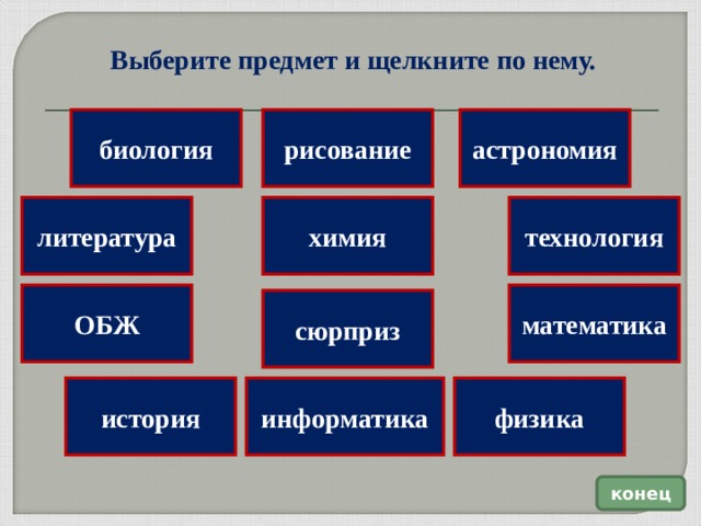 Выберите предмет и щелкните по нему. биология астрономия рисование литература химия технология математика ОБЖ сюрприз информатика физика история конец