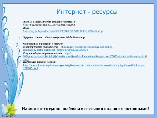 Интернет - ресурсы  Листья с каплями воды, стакан с листьями: http:// i061.radikal.ru/0807/7a/770ce3ce71cc.png  Вода: https:// img-fotki.yandex.ru/get/9259/139440740.8d/0_b0354_479d158_orig  Эффект сияния создан в программе Adobe Photoshop.  Фотографии и рисунки с сайтов: Микропрепарат кожицы лука http://ru.gde-fon.com/download/organika-pod- m ikroskopom_kletki_mikroskop_predmetn /644589/2950x2094 Рисунок общего строения клеток  http:// 900igr.net/prezentacija/biologija/razvitie-znanij-o-kletochnom-stroenii-organizma-238808/stroenie-rastitelnoj-kletki-8.html Подробный рисунок клетки https://infourok.ru/konspekt-uroka-po-biologii-klass-po-teme-stroenie-rastitelnoy-zhivotnoy-i-gribnoy-kletok-virusi-1746595.html    На момент создания шаблона все ссылки являются активными ! 