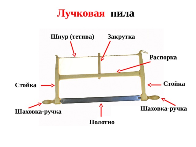  Лучковая пила Шнур (тетива)  Стойка Закрутка Распорка  Стойка К натянутым относятся все лучковые пилы. Лучковая пила состоит из двух шаховок, одной распорки (средника), двух стоек, одной закрутки и одного шнура (тетивы). Шаховка-ручка Шаховка-ручка  Полотно  