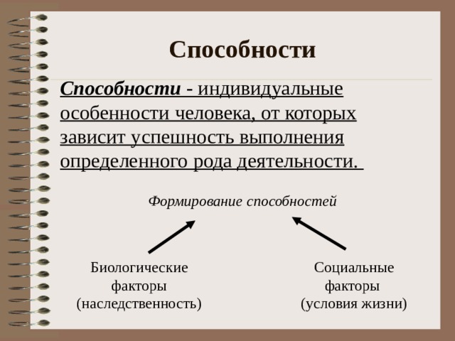 Способности Способности - индивидуальные особенности человека, от которых зависит успешность выполнения определенного рода деятельности. Формирование способностей Биологические факторы Социальные факторы (наследственность) (условия жизни) 