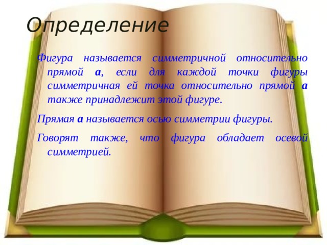 Определение Фигура называется симметричной относительно прямой а , если для каждой точки фигуры симметричная ей точка относительно прямой а также принадлежит этой фигуре. Прямая а называется осью симметрии фигуры. Говорят также, что фигура обладает осевой симметрией.  