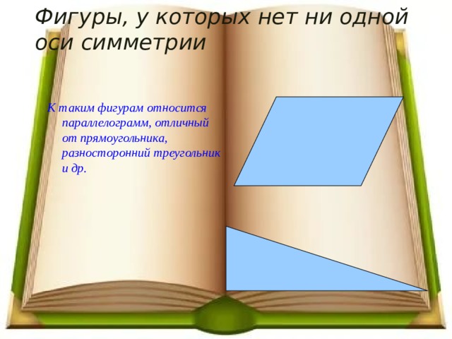 Фигуры, у которых нет ни одной оси симметрии К таким фигурам относится параллелограмм, отличный от прямоугольника, разносторонний треугольник и др.  