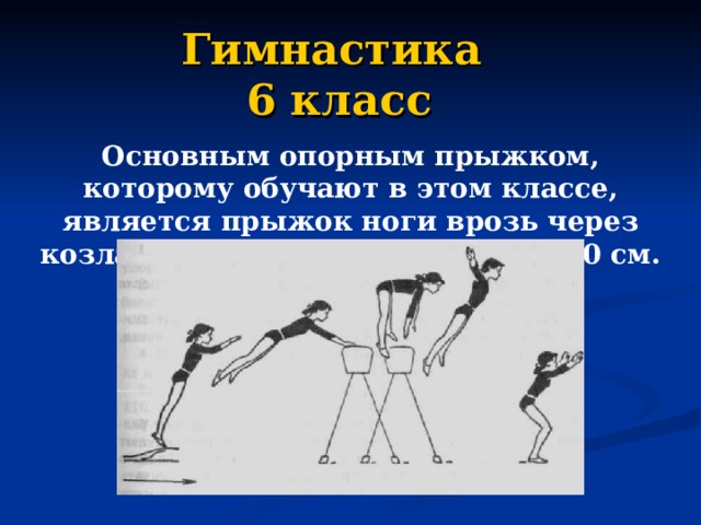 Гимнастика 6 класс Основным опорным прыжком, которому обучают в этом классе, является прыжок ноги врозь через козла в ширину на высоте 100-110 см.