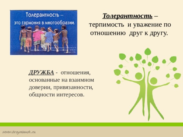 Толерантность – терпимость и уважение по отношению  друг к другу. ДРУЖБА - отношения, основанные на взаимном доверии, привязанности, общности интересов. 