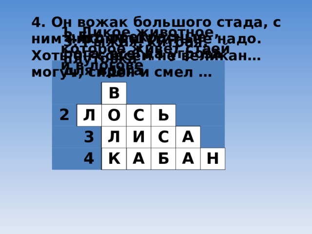 4. Он вожак большого стада, с ним никому шутить не надо. Хоть он совсем не великан…могуч, силён и смел … 1. Дикое животное, которое живёт стаей и в логове 2.Его прекрасные рога, всегда угроза для врага 3. Рыжая, хитрая, плутовка 2 1 3 4 В О Л К Л О С Ь Л И С А К А Б А Н 