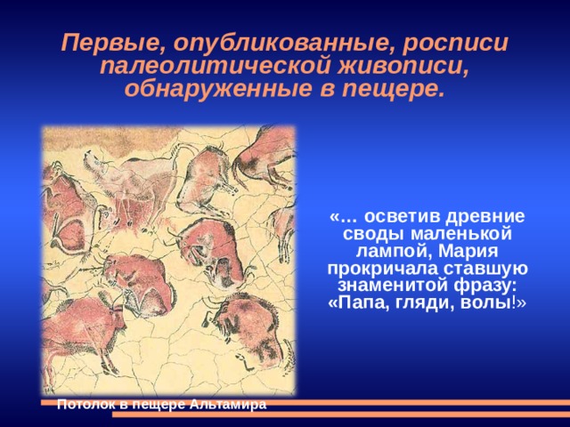 Первые, опубликованные, росписи палеолитической живописи, обнаруженные в пещере. «… осветив древние своды маленькой лампой, Мария прокричала ставшую знаменитой фразу: «Папа, гляди, волы !» Потолок в пещере Альтамира 