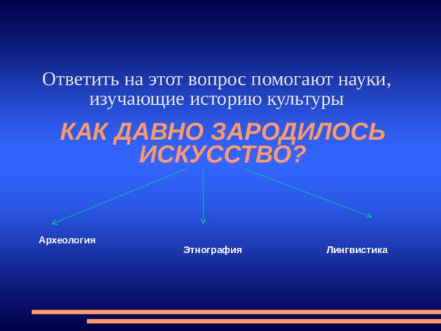 Ответить на этот вопрос помогают науки, изучающие историю культуры КАК ДАВНО ЗАРОДИЛОСЬ ИСКУССТВО? Археология Этнография Лингвистика 