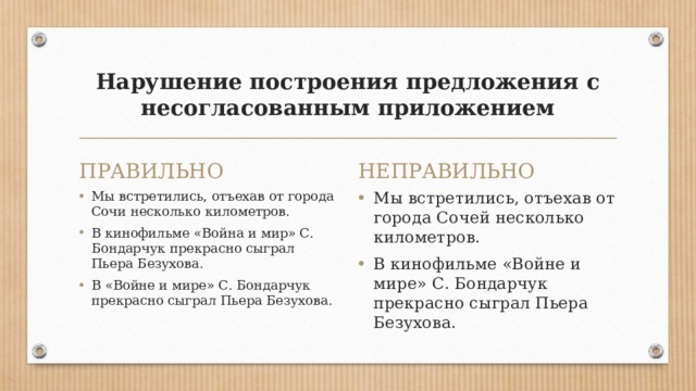 Нарушение построения предложения с несогласованным приложением ПРАВИЛЬНО НЕПРАВИЛЬНО Мы встретились, отъехав от города Сочи несколько километров. В кинофильме «Война и мир» С. Бондарчук прекрасно сыграл Пьера Безухова. В «Войне и мире» С. Бондарчук прекрасно сыграл Пьера Безухова. Мы встретились, отъехав от города Сочей несколько километров. В кинофильме «Войне и мире» С. Бондарчук прекрасно сыграл Пьера Безухова. 