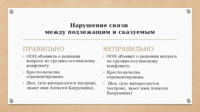 Нарушение связи  между подлежащим и сказуемым   ПРАВИЛЬНО НЕПРАВИЛЬНО ООН объявила о решении вопроса по грузино-осетинскому конфликту. Кресло-качалка отремонтировано. [Все, (кто интересуется театром), знают имя Алексея Бахрушина]. ООН объявил о решении вопроса по грузино-осетинскому конфликту. Кресло-качалка отремонтирована.  [Все, (кто интересуются театром), знает имя Алексея Бахрушина] 