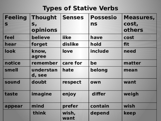 Non continuous verbs. State verbs таблица. State verbs в английском. Глаголы State verbs. Глаголы Stative verbs.