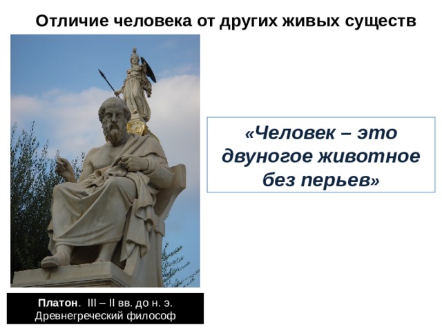 Отличие человека от других живых существ « Человек – это двуногое животное без перьев » Платон .  III –  II вв. до н. э.  Древнегреческий философ 