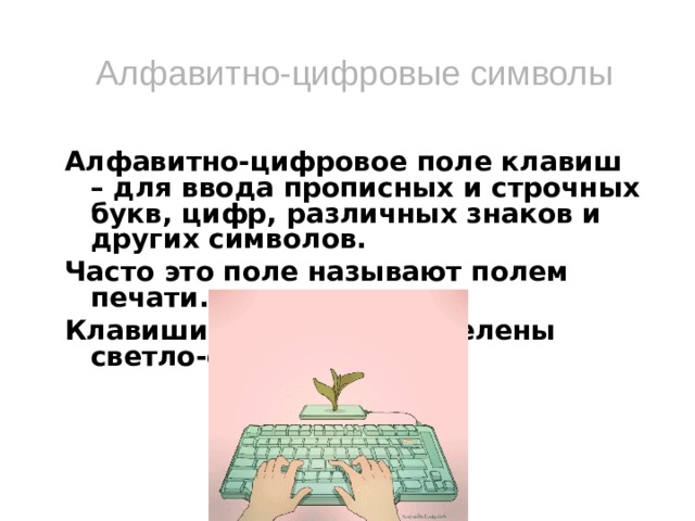 Алфавитно-цифровые символы Алфавитно-цифровое поле клавиш – для ввода прописных и строчных букв, цифр, различных знаков и других символов. Часто это поле называют полем печати. Клавиши этого поля выделены светло-серым цветом.  