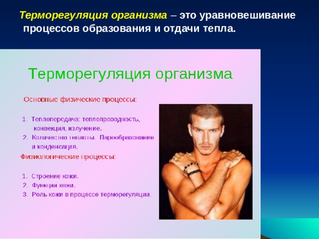  Терморегуляция организма  –  это уравновешивание процессов образования и отдачи тепла.   