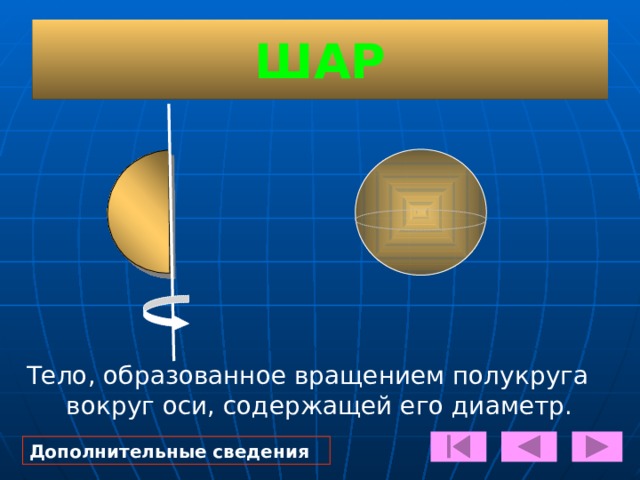 ШАР Тело, образованное вращением полукруга вокруг оси, содержащей его диаметр. Дополнительные сведения 