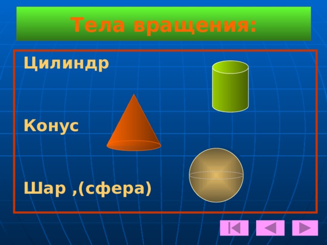 Тела вращения:  Цилиндр    Конус    Шар ,(сфера)  