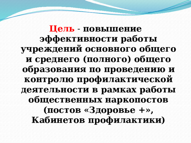 Цель - повышение эффективности работы учреждений основного общего и среднего (полного) общего образования по проведению и контролю профилактической деятельности в рамках работы общественных наркопостов (постов «Здоровье +», Кабинетов профилактики) 