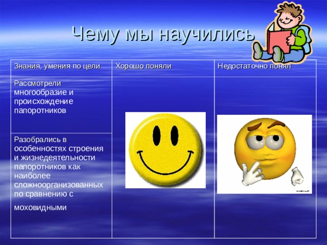 Чему мы научились Знания, умения по цели Хорошо поняли Рассмотрели многообразие и происхождение папоротников Недостаточно понял Разобрались в особенностях строения и жизнедеятельности папоротников как наиболее сложноорганизованных по сравнению с моховидными  