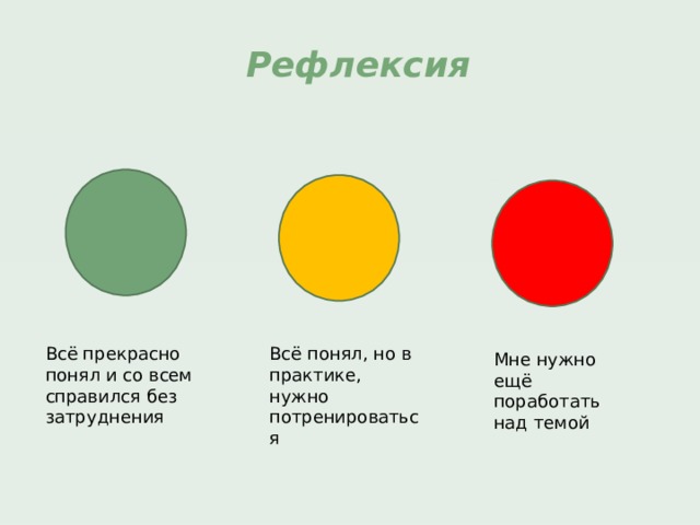 Рефлексия Всё прекрасно понял и со всем справился без затруднения Всё понял, но в практике, нужно потренироваться Мне нужно ещё поработать над темой
