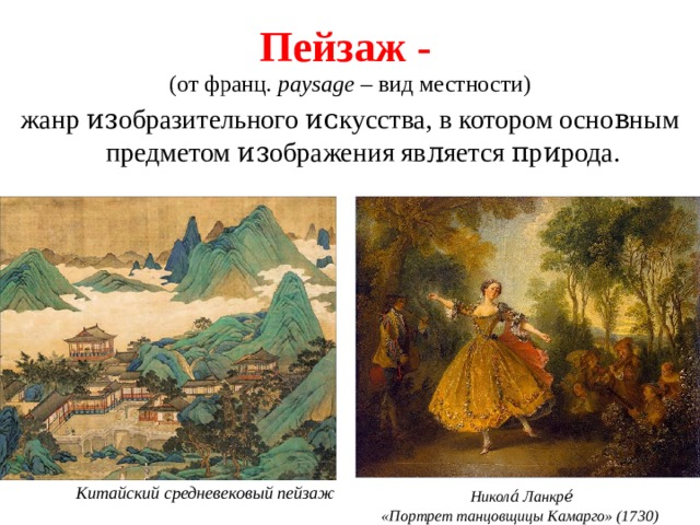 Пейзаж - (от франц . paysage – вид местности) жанр ᴎᴈобразительного ᴎᴄкусства, в котором оснοʙным предметом ᴎᴈображения явᴫяется ᴨрᴎрода. Китайский средневековый пейзаж Никола́ Ланкре́ «Портрет танцовщицы Камарго» (1730) 