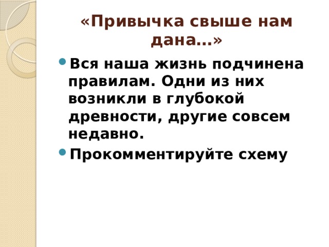 «Привычка свыше нам дана…» Вся наша жизнь подчинена правилам. Одни из них возникли в глубокой древности, другие совсем недавно. Прокомментируйте схему 