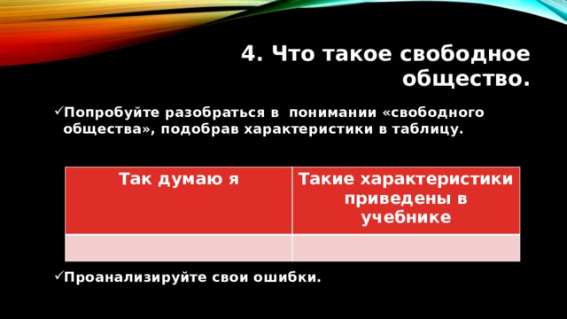 4. Что такое свободное общество. Попробуйте разобраться в понимании «свободного общества», подобрав характеристики в таблицу. Попробуйте разобраться в понимании «свободного общества», подобрав характеристики в таблицу.       Проанализируйте свои ошибки. Проанализируйте свои ошибки. Так думаю я Такие характеристики приведены в учебнике 