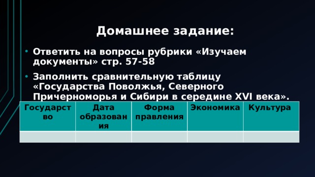 Домашнее задание: Ответить на вопросы рубрики «Изучаем документы» стр. 57-58 Заполнить сравнительную таблицу «Государства Поволжья, Северного Причерноморья и Сибири в середине XVI века». Государство Дата образования Форма правления Экономика Культура 