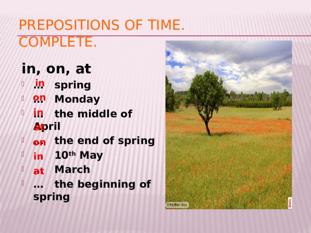 It often in spring. In on Spring. On March или in March. At in on Spring. In Spring or on Spring.