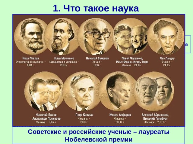 1. Что такое наука Вручение Нобелевской премии Современная наука выходит за рамки отдельных государств. Ученые объединяются с помощью современных средств связи, встречаются на симпозиумах, съездах, конференциях. Добившимся выдающихся результатов вручаются престижные премии (самая почетная – Нобелевская премия). Советские и российские ученые – лауреаты Нобелевской премии 