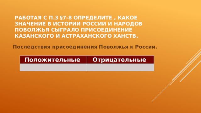 Работая с п.3 §7-8 определите , какое значение в истории России и народов поволжья сыграло присоединение казанского и астраханского ханств. Последствия присоединения Поволжья к России. Положительные Отрицательные 