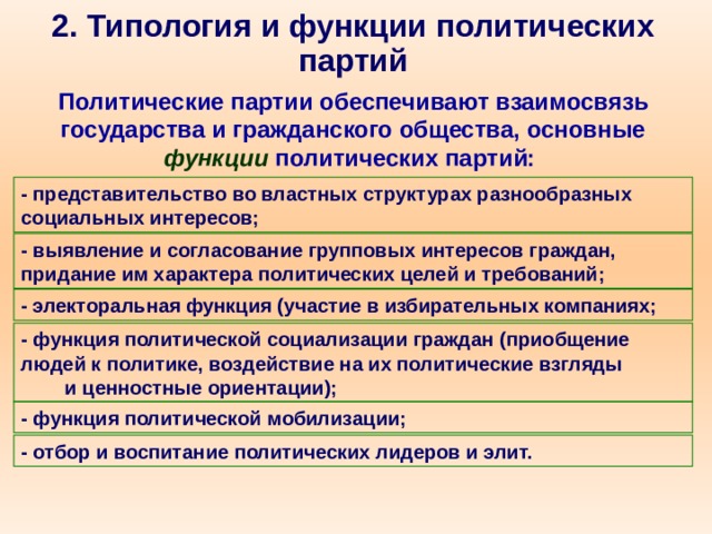 2. Типология и функции политических партий Политические партии обеспечивают взаимосвязь государства и гражданского общества, основные функции политических партий: - представительство во властных структурах разнообразных социальных интересов; - выявление и согласование групповых интересов граждан, придание им характера политических целей и требований; - электоральная функция (участие в избирательных компаниях; - функция политической социализации граждан (приобщение людей к политике, воздействие на их политические взгляды и ценностные ориентации); - функция политической мобилизации;  - отбор и воспитание политических лидеров и элит. 