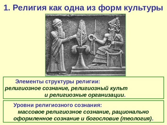 1. Религия как одна из форм культуры Элементы структуры религии: религиозное сознание, религиозный культ и религиозные организации . Уровни религиозного сознания: массовое религиозное сознание, рационально оформленное сознание и богословие (теология) . 