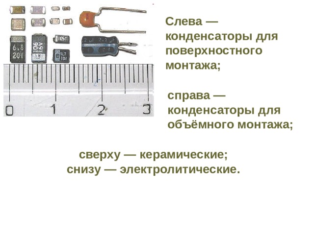 Слева — конденсаторы для поверхностного монтажа;  справа — конденсаторы для объёмного монтажа;  сверху — керамические; снизу — электролитические. 